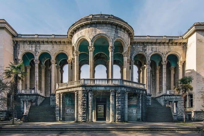 Center Soyux is home to many families displaced from Abkhazia in 1992 and 1993. Farm animals wander through these buildings