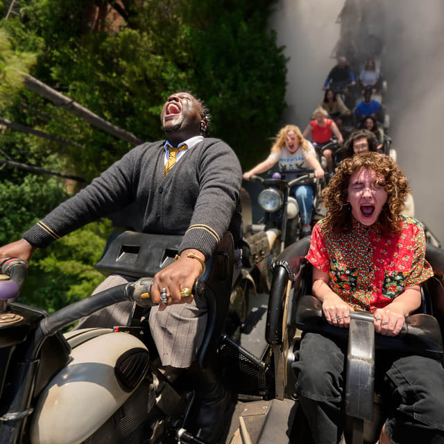 Guests riding Hagrid’s Magical Creatures Motorbike Adventure at Universal Islands of Adventure