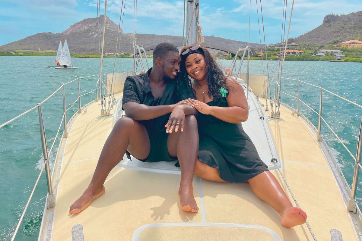 couple enjoying relaxing on sailing yacht galaxie