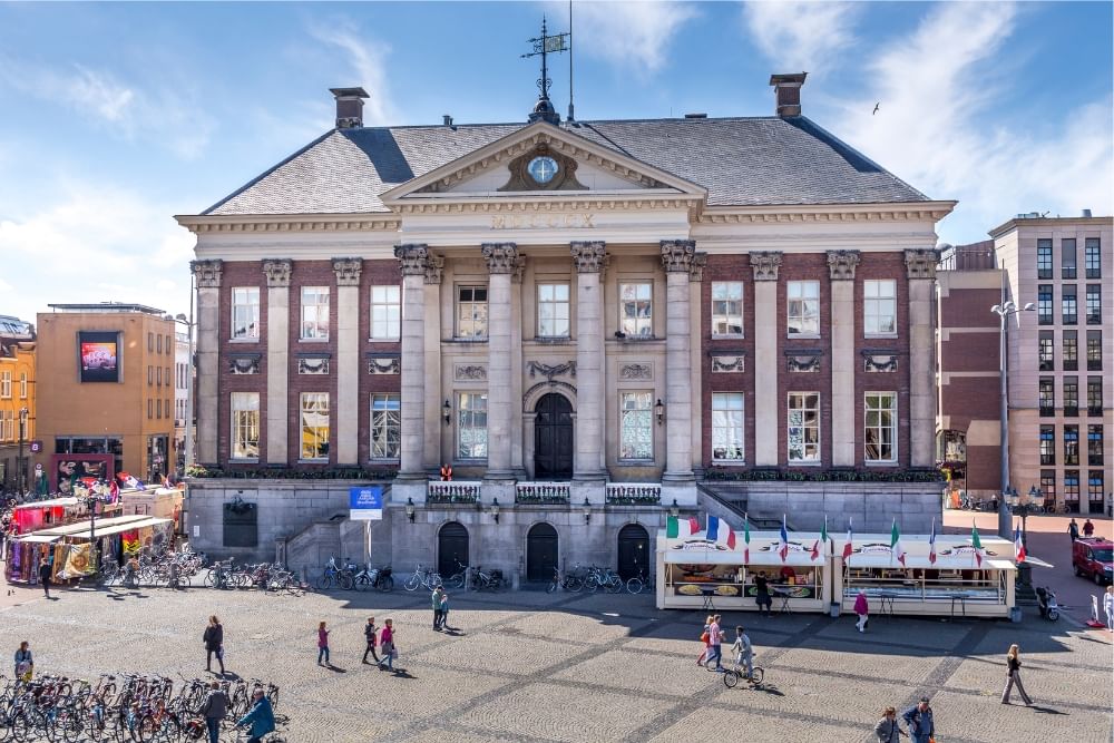 Street view of the city hall at Grote Markt along the route of the outdoor detective tour in Groningen.