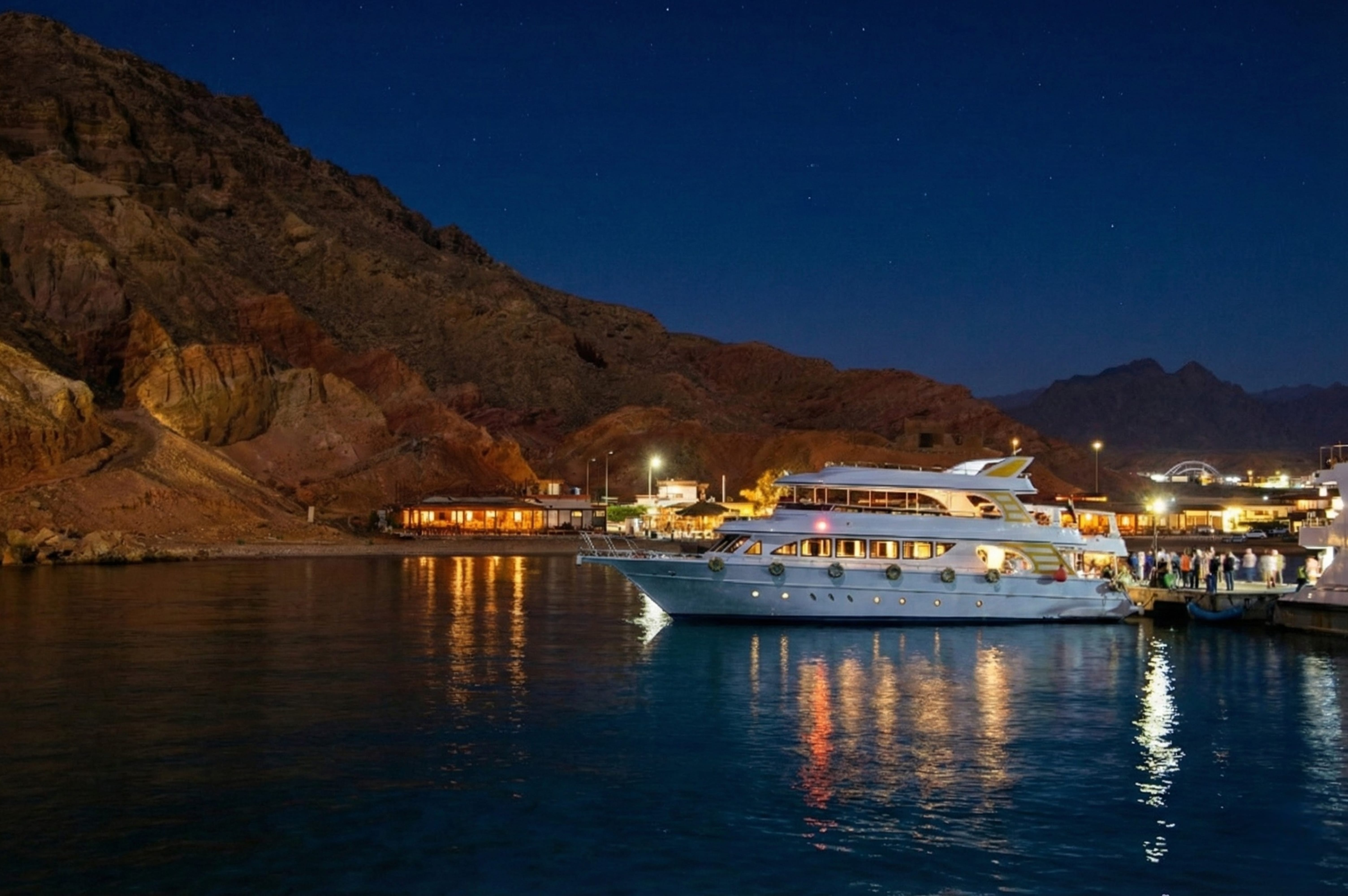 A large, white, illuminated multi-deck yacht docked at a pier at night with dark mountains in the background.