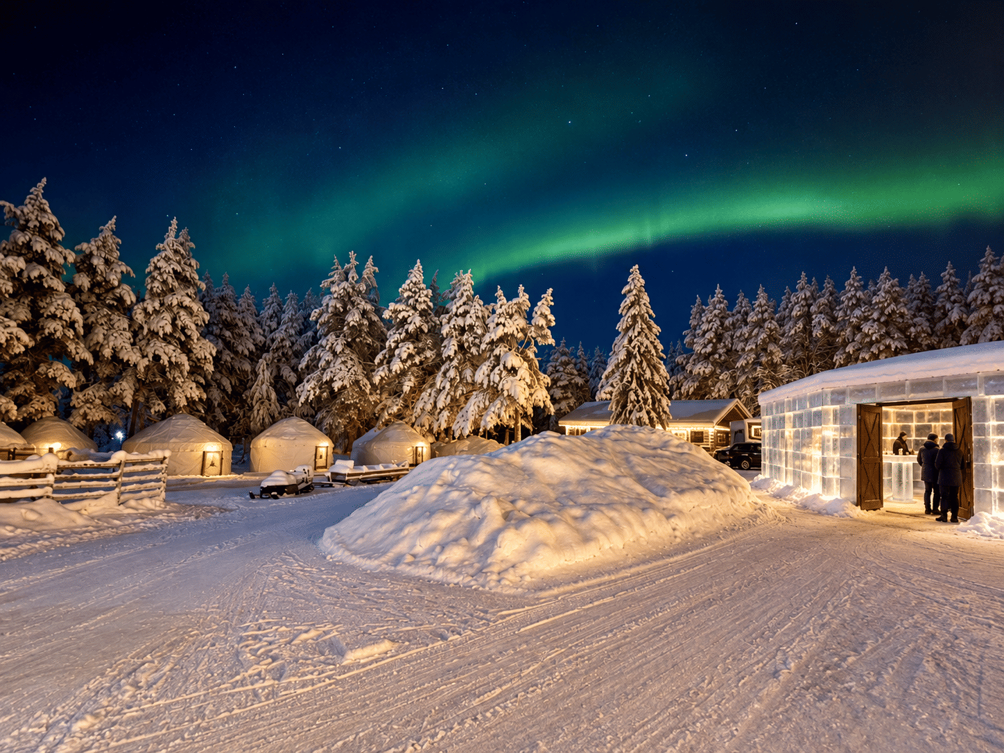 Visualisation of a snowy Arctic yurt village beneath the Northern Lights near Levi.