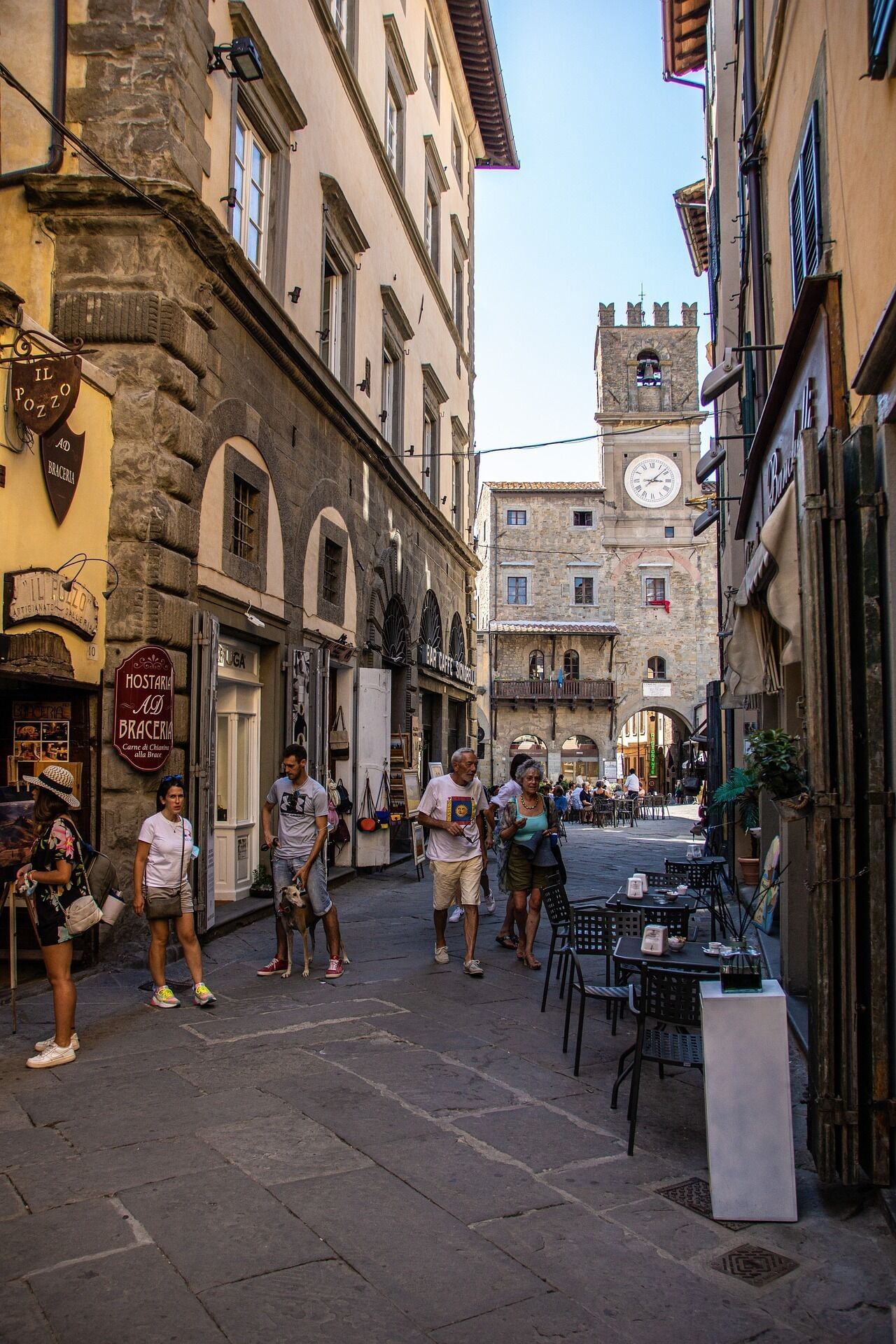 View of Cortona's city centre with its typical medieval buildings and towers