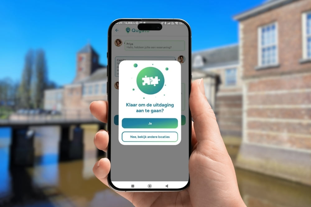 Phone showing the app interface of the Breda City Detective game.