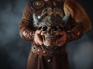 Viking warrior holding a skull that is wearing a helmet.