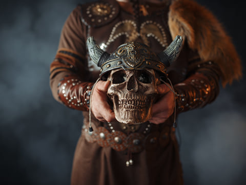 Viking warrior holding a skull that is wearing a helmet.