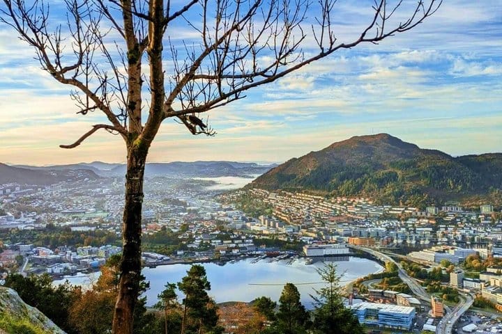 Bergen cityscape, lake, and mountains viewed from Mount Fløyen