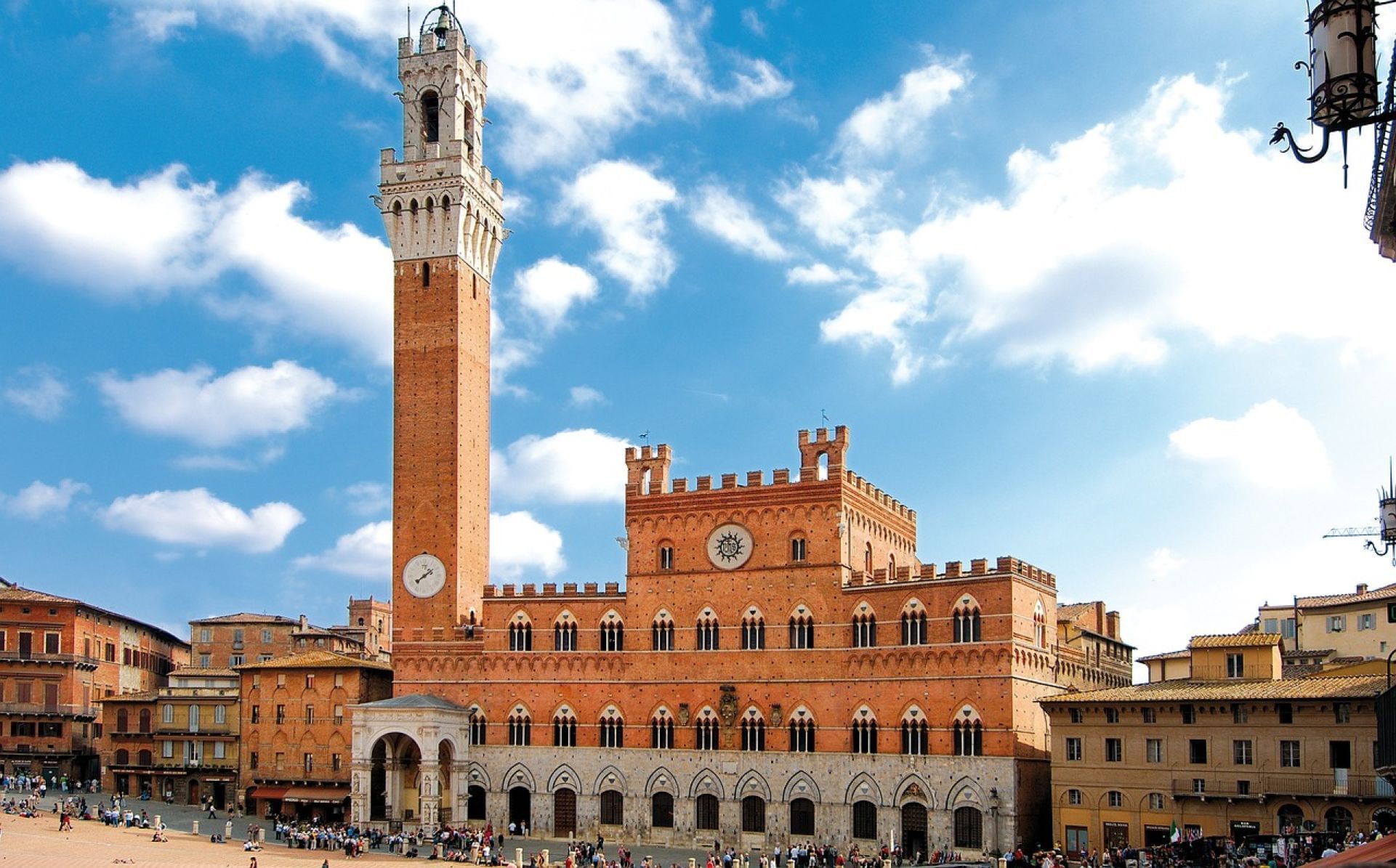 External view of the Palazzo Pubblico in Piazza del Campo in Siena, seat of the city hall