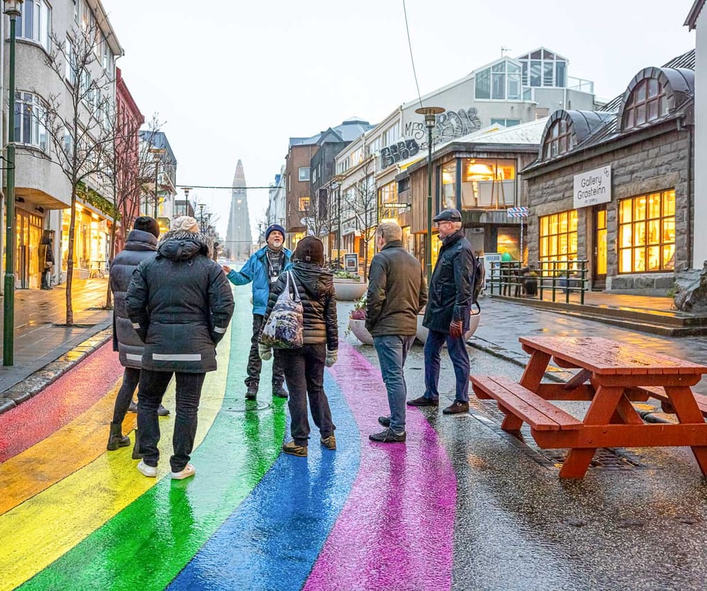 A group enjoying the Reykjavik Walking Tour by the Rainbow street