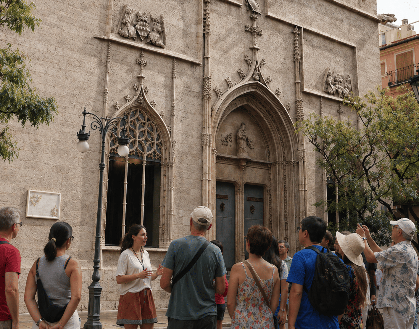 Group of tourists with a guide in front of a historic Gothic building in Valencia city center, Spain