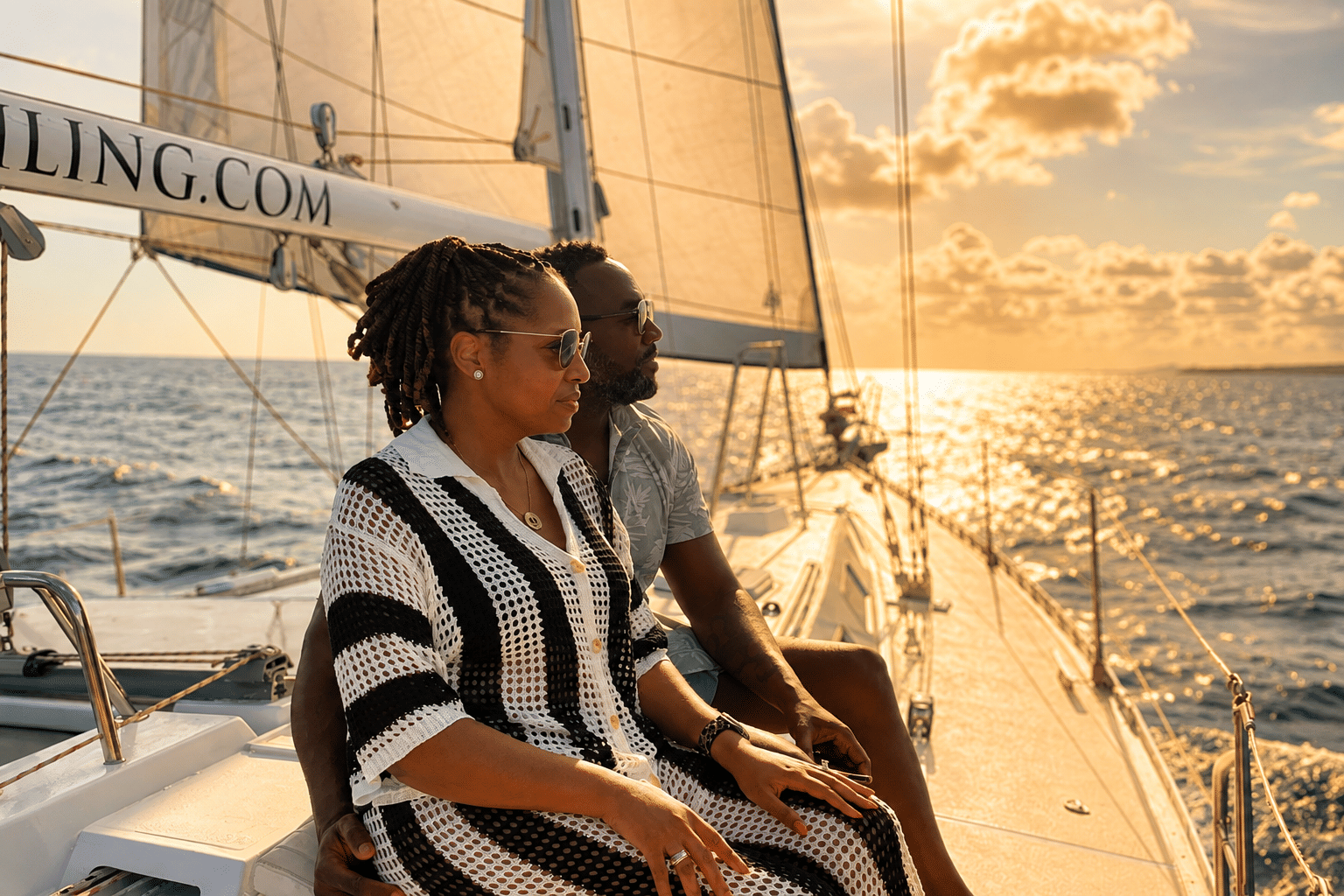 couple enjoying relaxing at sunset on sailing yacht galaxie