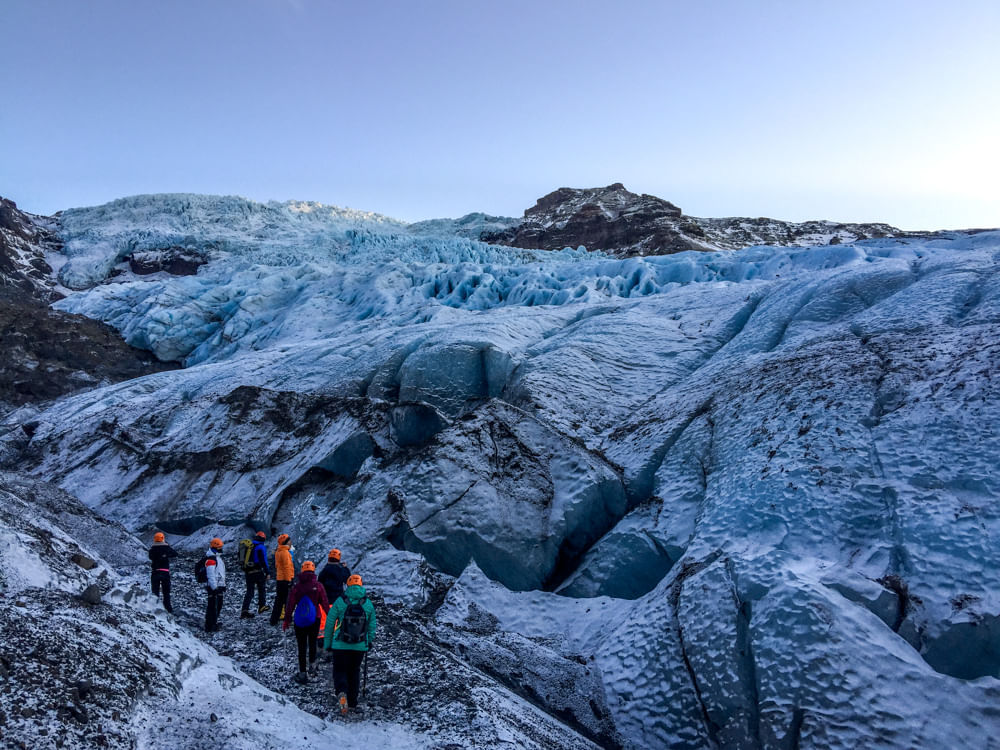 Small group hiking on Skaftafell glacier during Golden circle and south coast tour