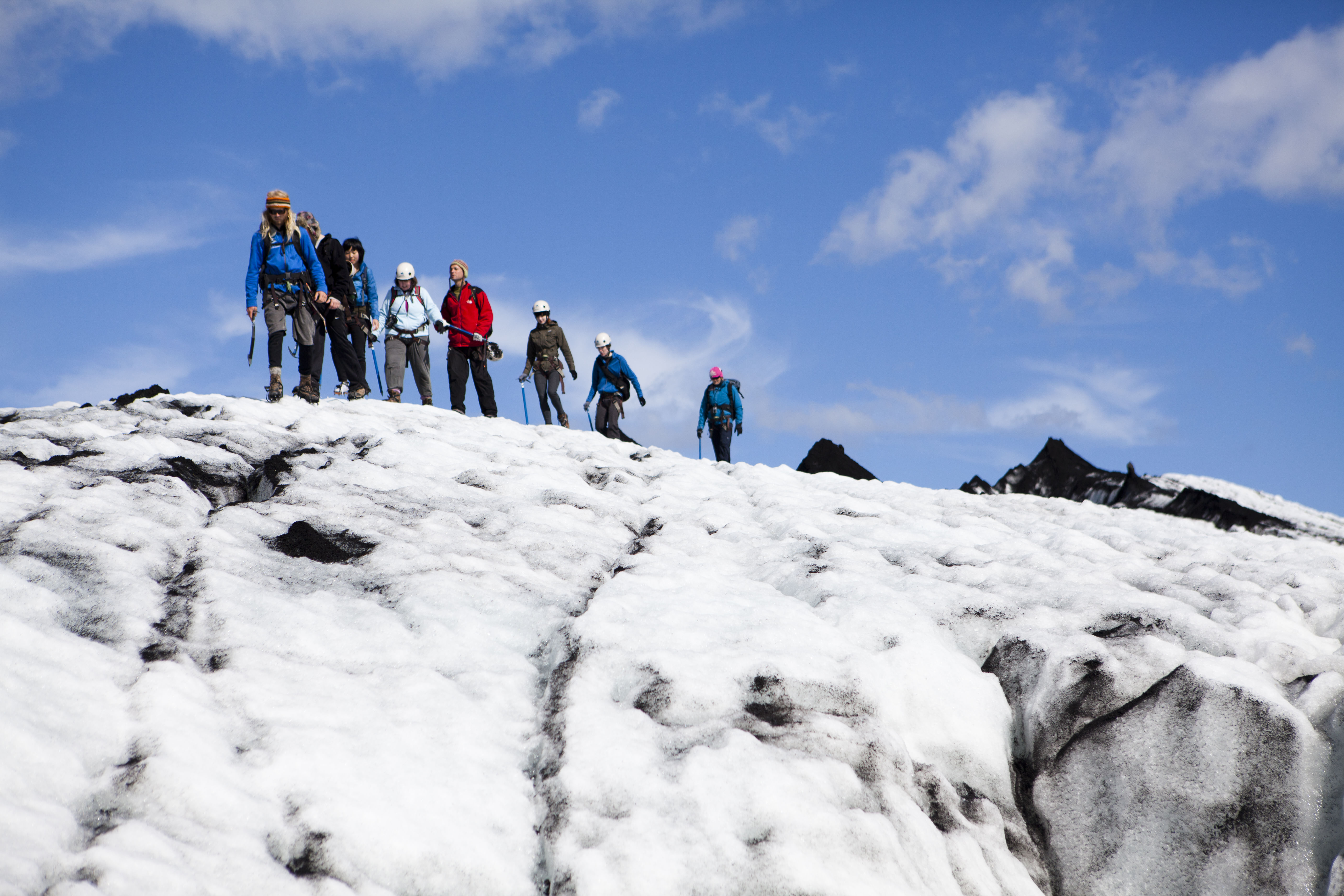 A small group of people exploring snowy glacier at Falljökull Glacier