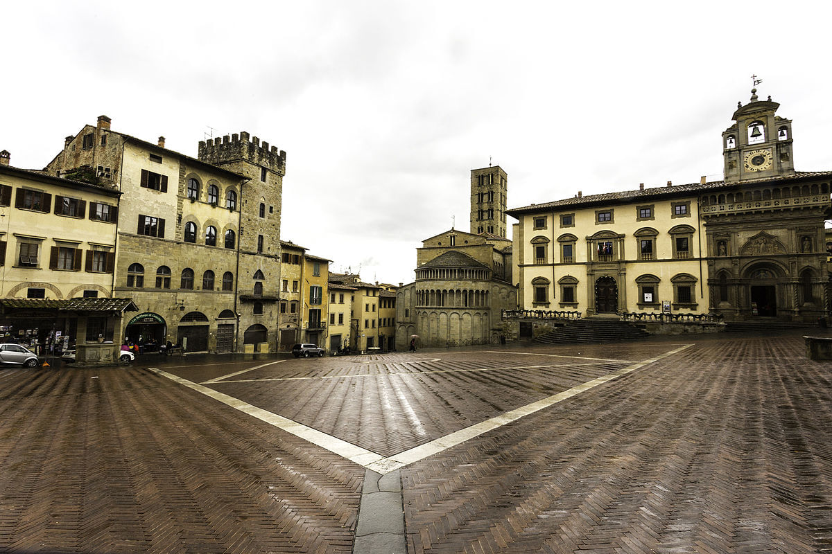 View of Arezzo's main square, Piazza Grande, with its unique inclined floor