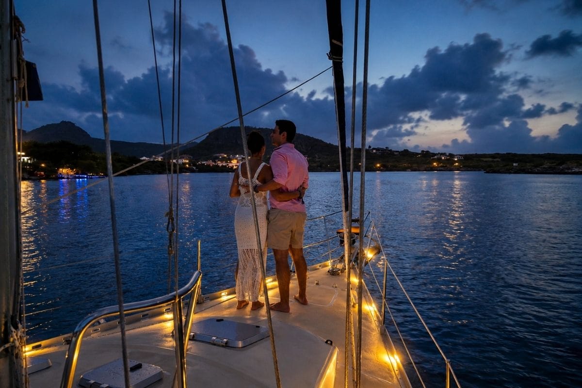 Romantic couple enjoying private sunset cruise in Curacao with Maxie Sailing