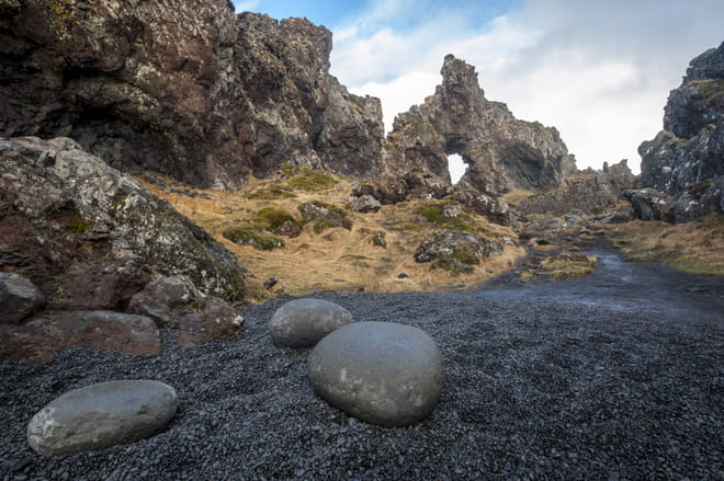 Lifting stones and stunning lava formation at Djúpalónssandur Snæfellsnes Peninsula