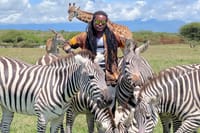 A guide surrounded by zebras with giraffes in the background at a private conservation park.