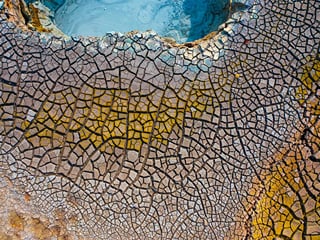 Aerial view of Gunnuhver, a highly active geothermal area in Reykjanes, Iceland
