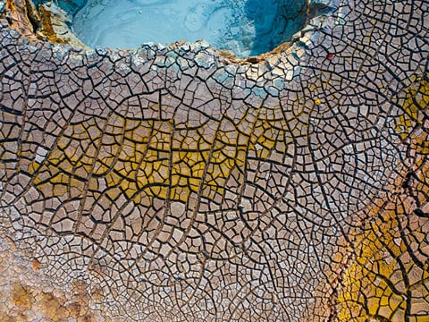 Aerial view of Gunnuhver, a highly active geothermal area in Reykjanes, Iceland