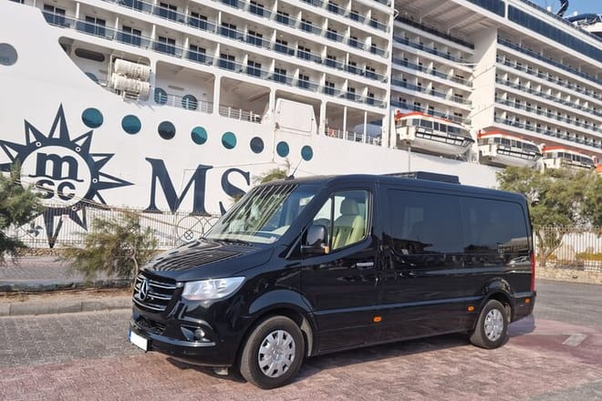 sprinter minibus van mercedes in front of the cruise ship mykonos terminal MSC island tour