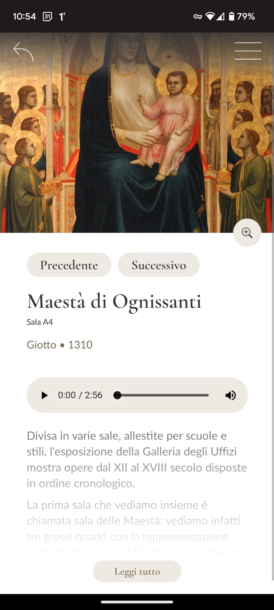 Screenshot of the rooms offered by the Audio Guide to the Uffizi Gallery by ACCORD