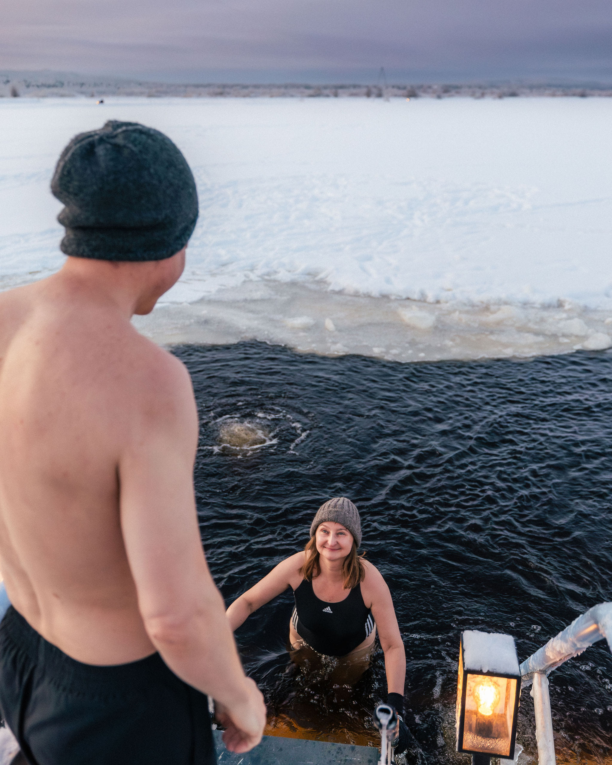 A couple ice swimming