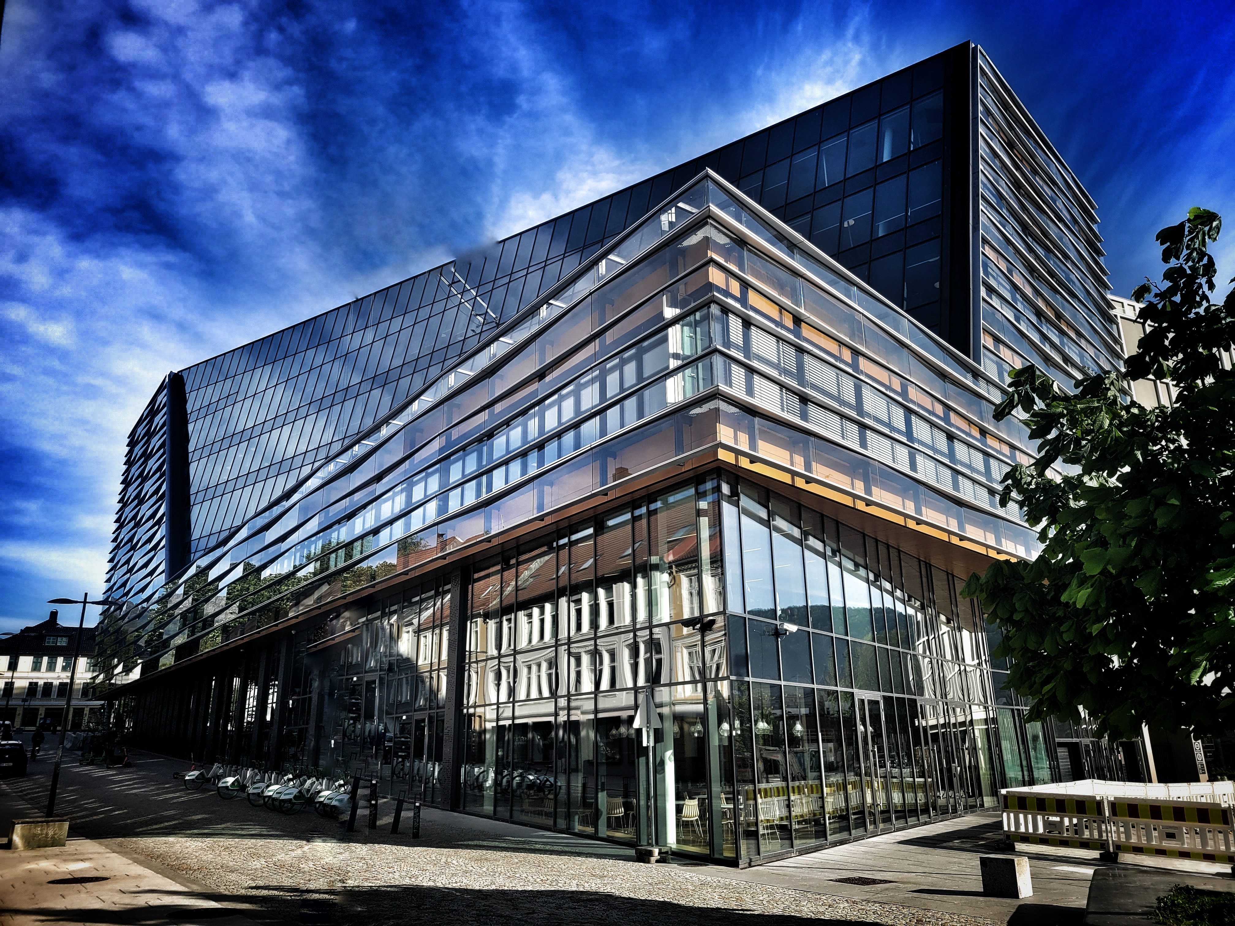 Modern glass architecture in Bergen illustrating lines, light and composition explored during the photowalk.