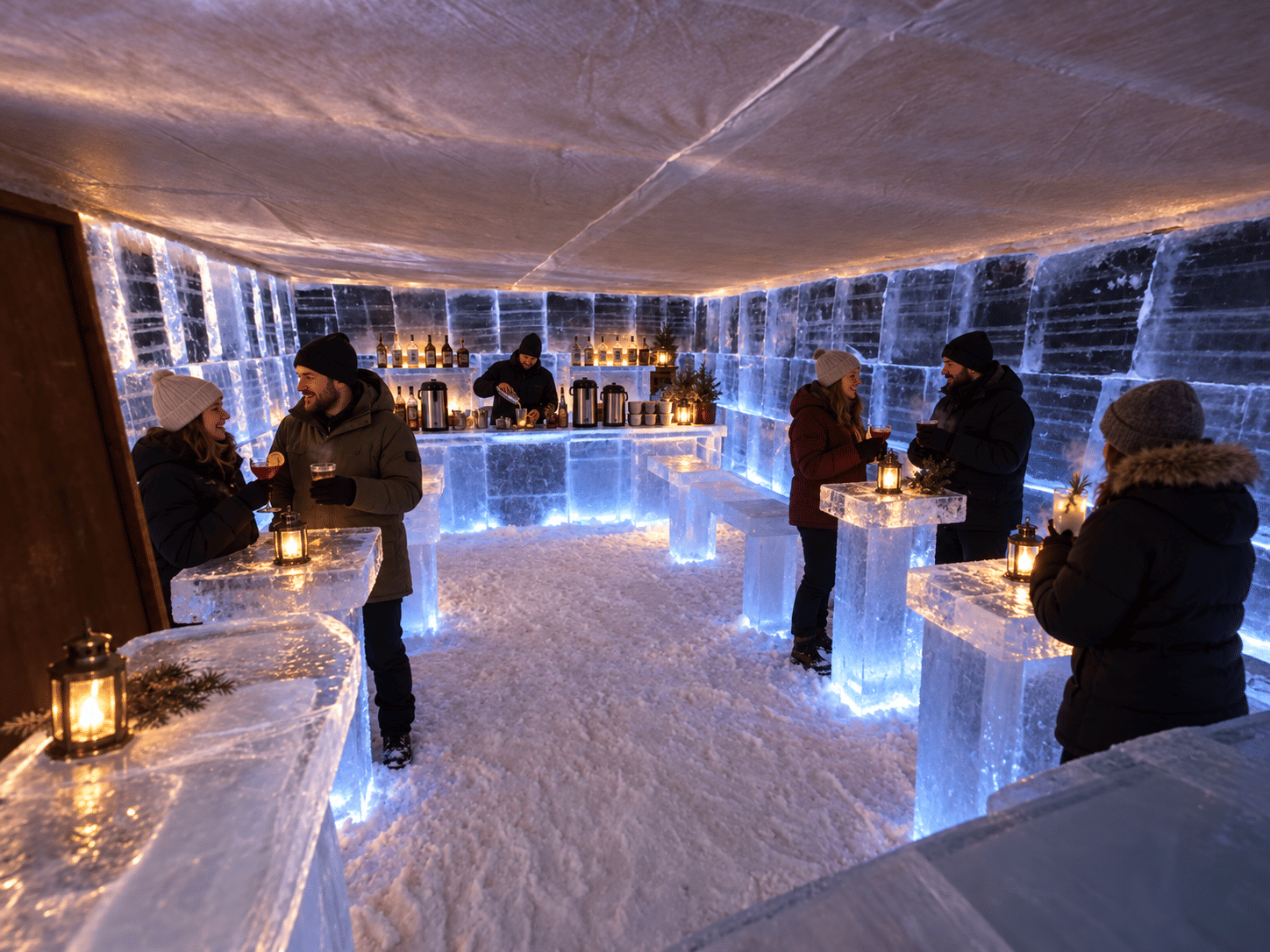 Guests enjoying drinks inside a blue-lit ice bar made from clear ice blocks.