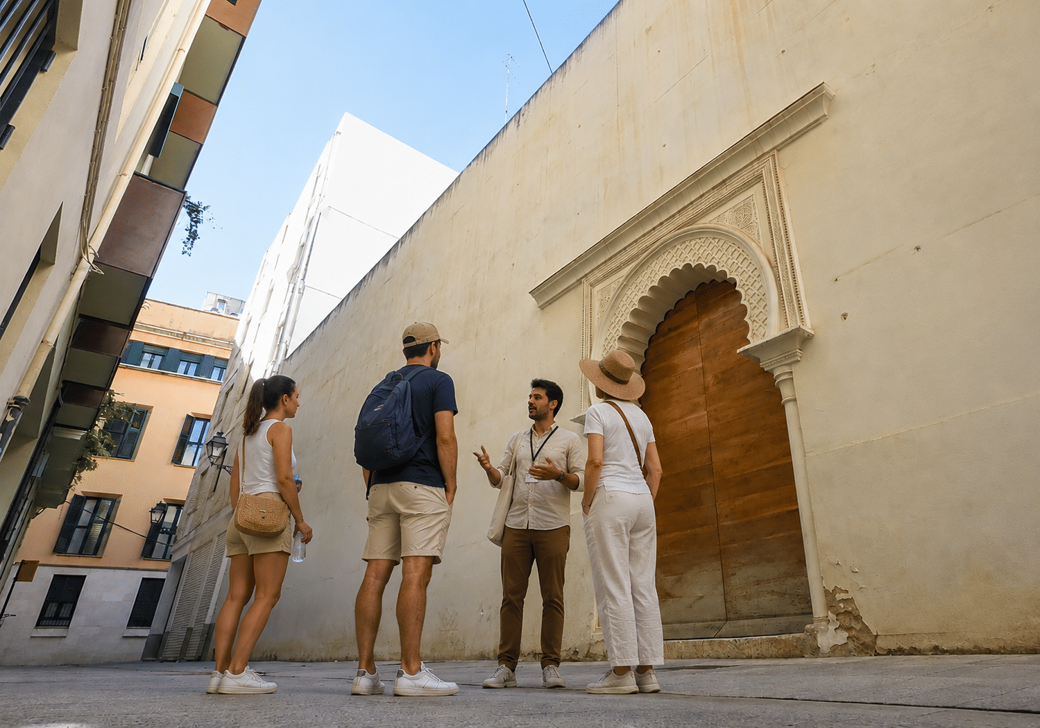 Small group listening to a guide beside the historic entrance of Baños del Almirante in Valencia
