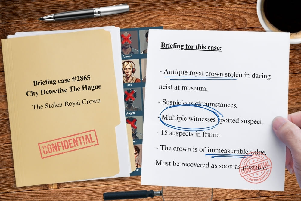 Dossier-style game briefing for the The Hague scavenger hunt City Detective. 