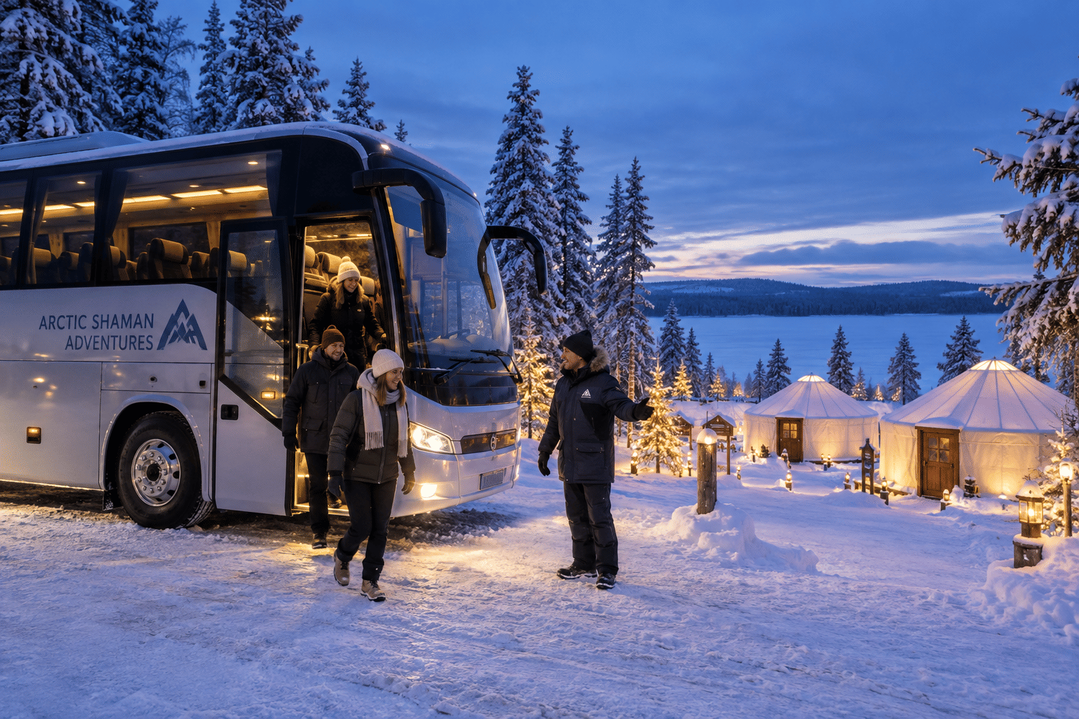 Guests arriving by Arctic Shaman Adventures coach at the snowy Arctic Village beside Rautusjärvi
