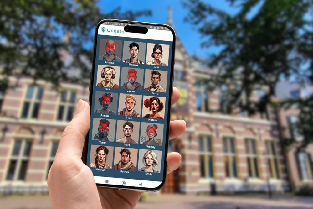 Phone showing the suspect board in the City Detective scavenger hunt by Qugato.