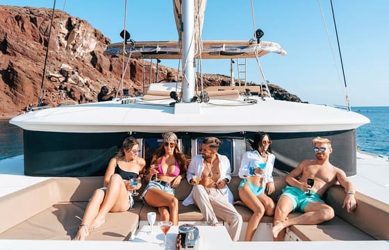 Santorini Luxury Catamaran Cruise, with Lunch, BBQ, drinks and transfers