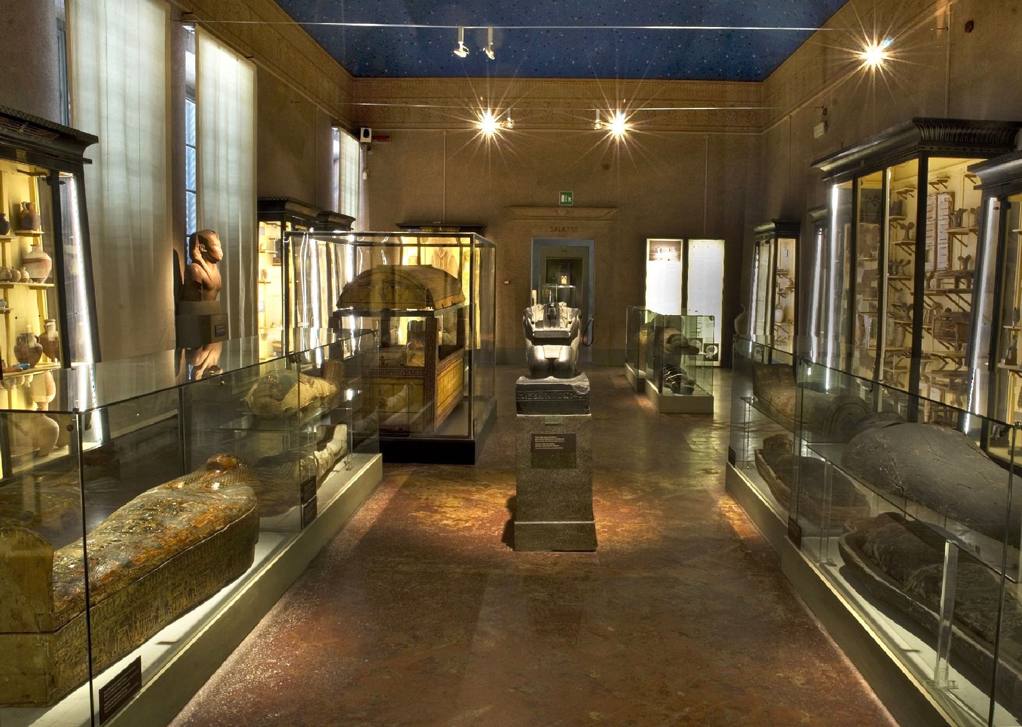 View of one of the halls of the museum with Egyptian mummies and sarcophagi on display 