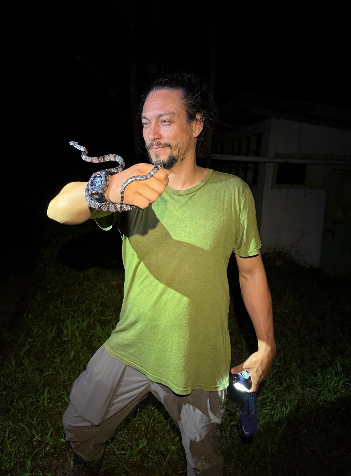 Caribe Sur guide observing a native snake during a night wildlife tour near Puerto Viejo.