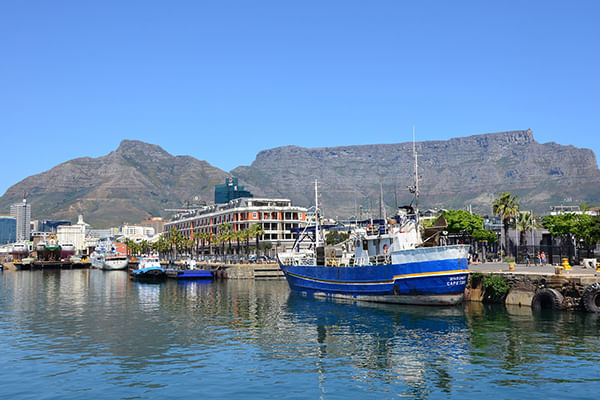 Vibrant Cape Town waterfront and boats against Table Mountain backdrop.