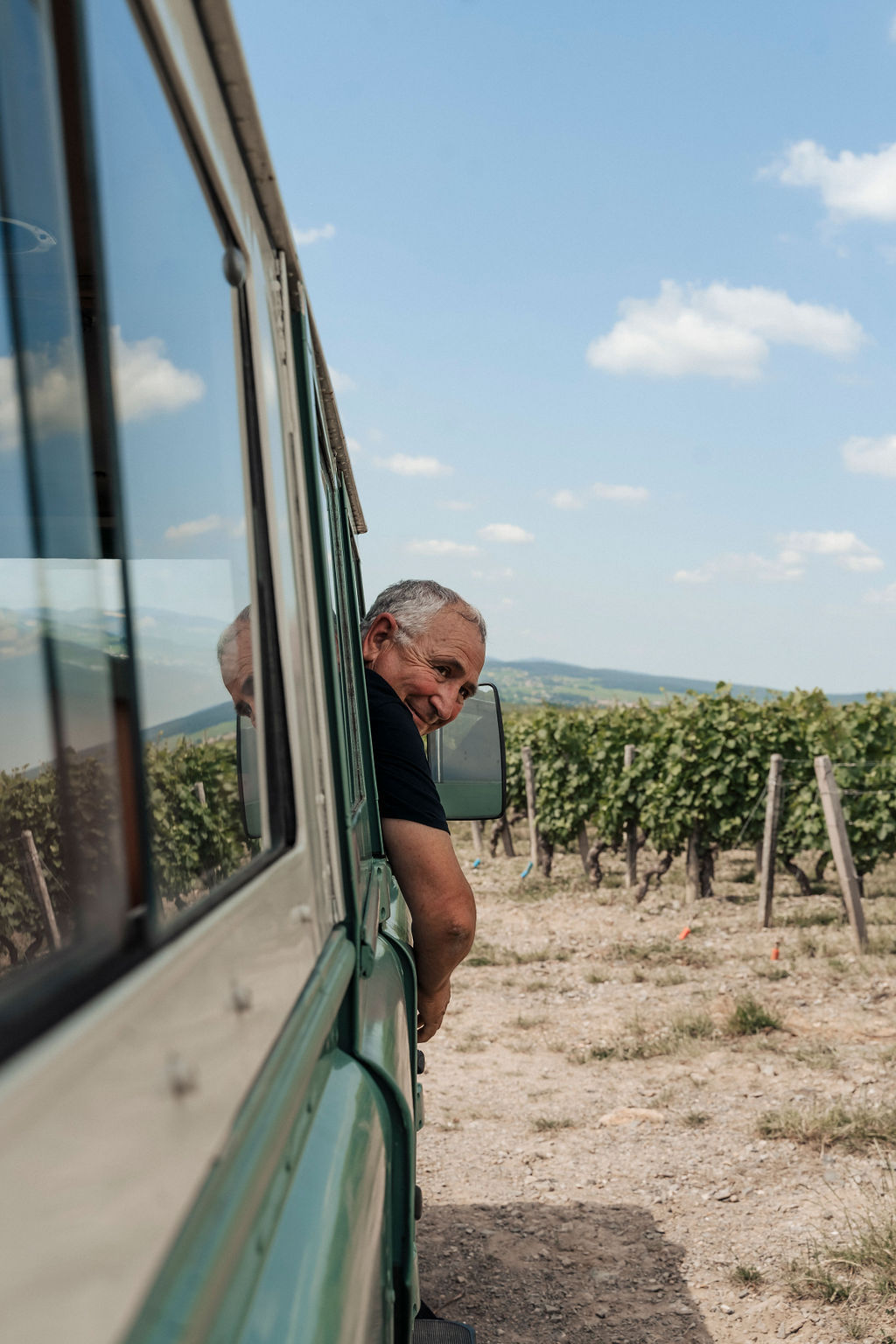 A man looks out of the passenger window of a vintage Land Rover parked in a vineyard near rows of vines on a sunny day