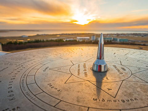 A picture of a sundial by the Perlan Museum in Reykjavik