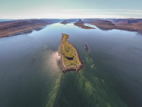 Aerial view of Vigur Island in the fjord Isafjardardjup