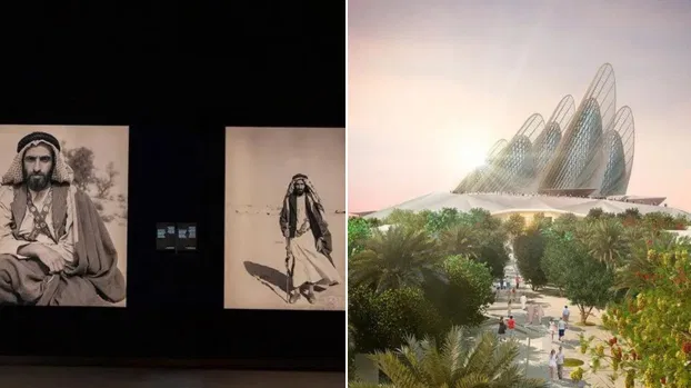 Two large historical photographs of men in traditional dress are displayed next to an exterior rendering of the building at Zayed National Museum, Abu Dhabi.