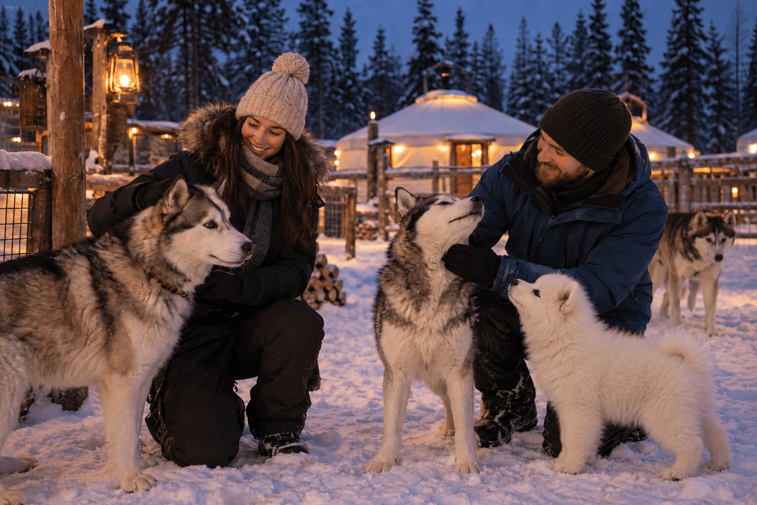 Two visitors meeting friendly huskies and a white Samoyed puppy in the snowy yard at Arctic Village