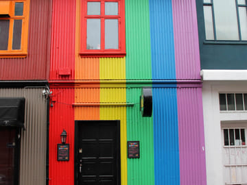Rainbow coloured houses in downtown Reykjavik, celebrating Pride