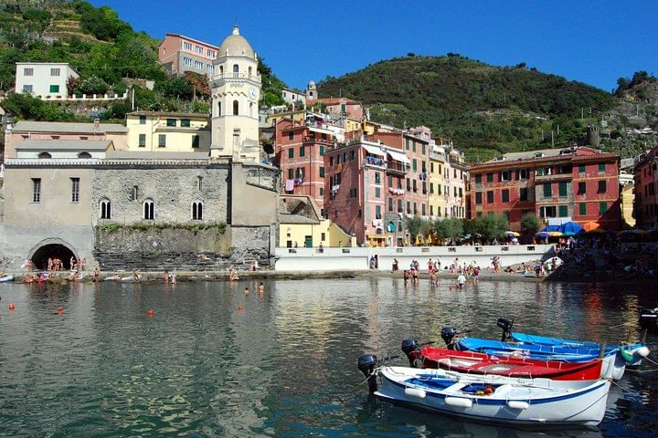 View of Vernazza's port with its typical colourful boats 