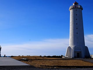 Two lighthouses standing side by side in Akranes, Iceland