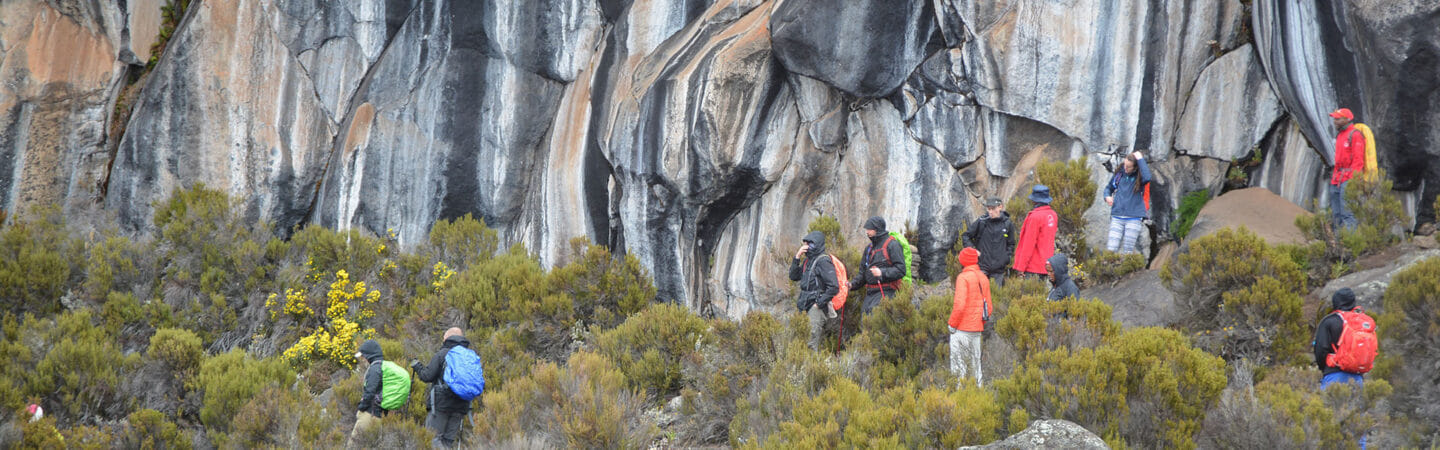 Group of trekkers walking along a rocky mountain trail beside a large cliff face.