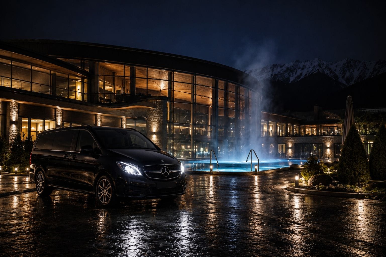 Private transfer from Kraków to thermal baths — black Mercedes V-Class minivan parked at illuminated thermal spa complex with outdoor pool a
