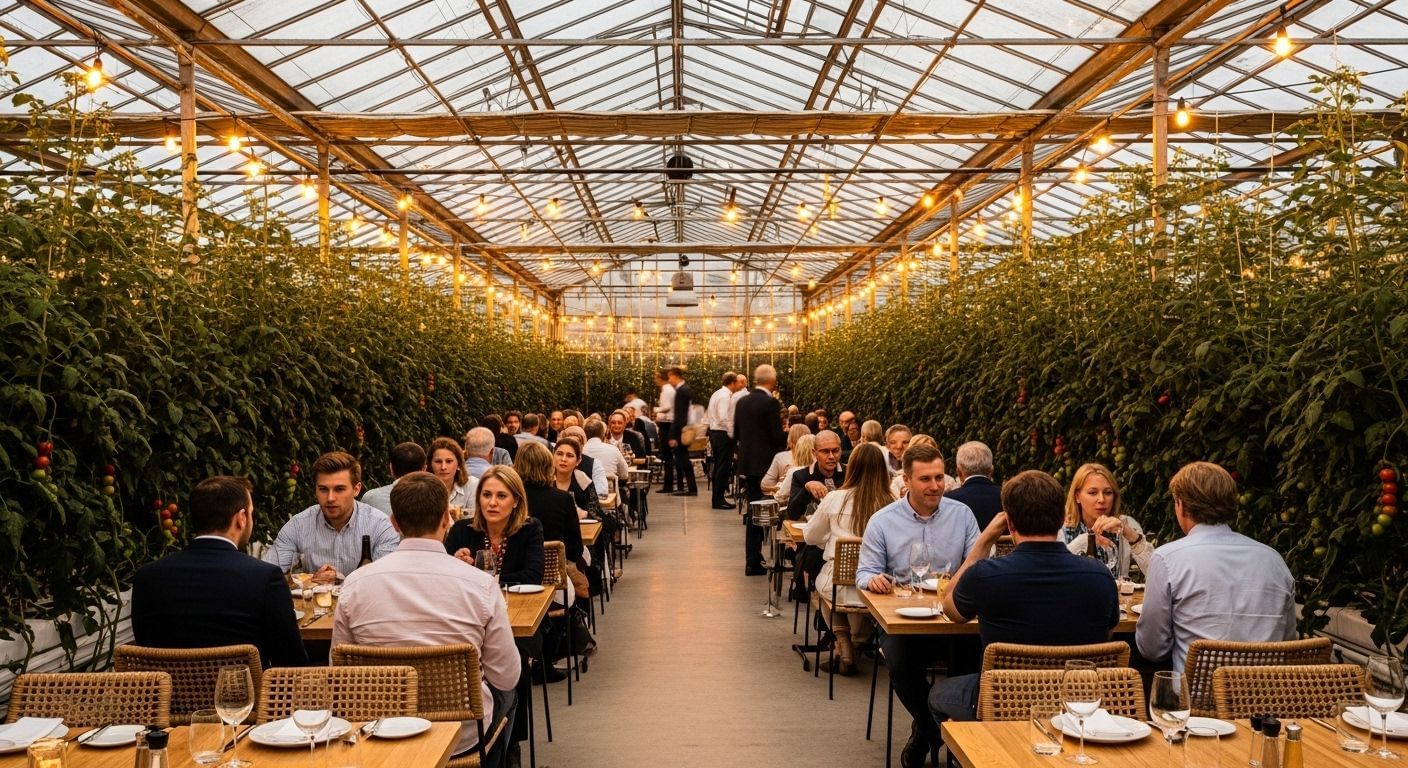 The interior of the Friðheimar Greenhouse, showing tables set for dining among rows of tall, thriving tomato plants, illuminated by lights.