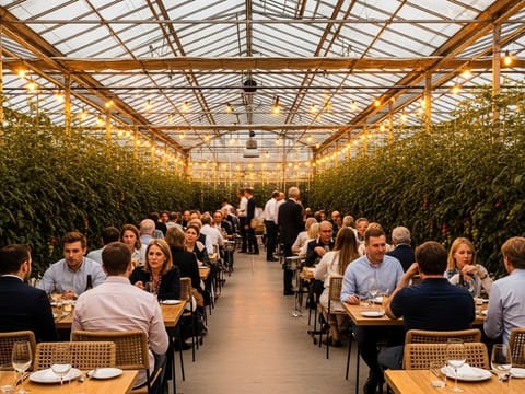 The interior of the Friðheimar Greenhouse, showing tables set for dining among rows of tall, thriving tomato plants, illuminated by lights.