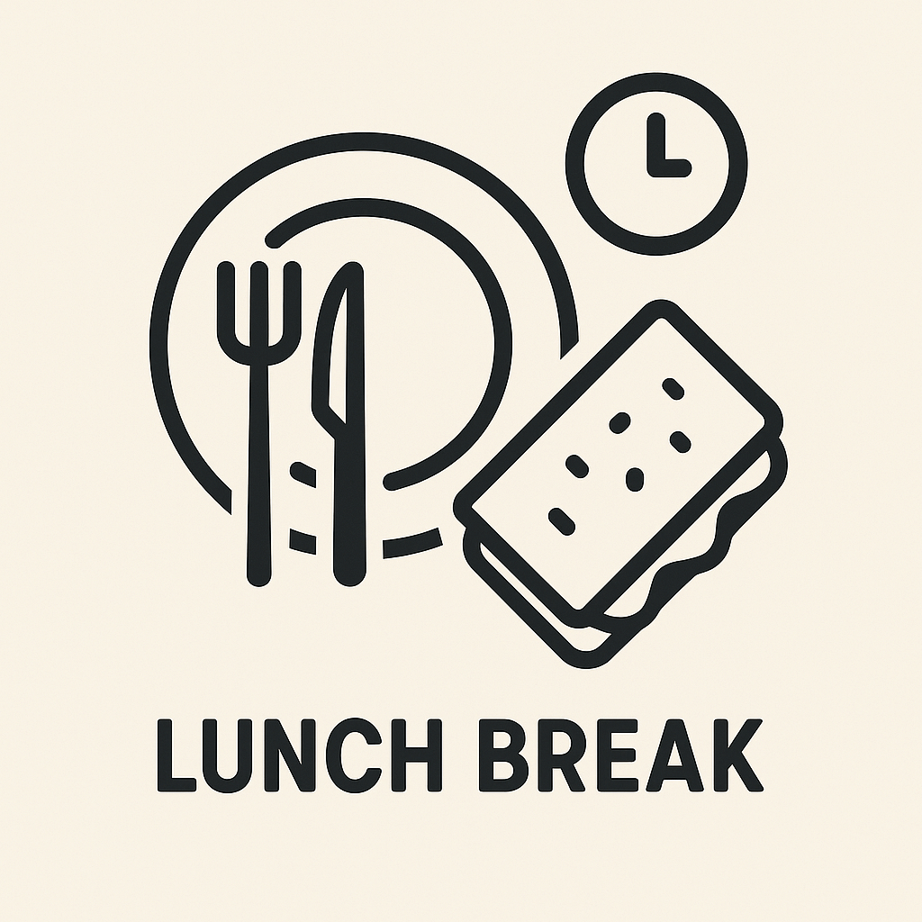Minimal lunch break icon with a plate, fork, knife, sandwich, and clock.