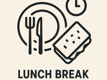 Minimal lunch break icon with a plate, fork, knife, sandwich, and clock.